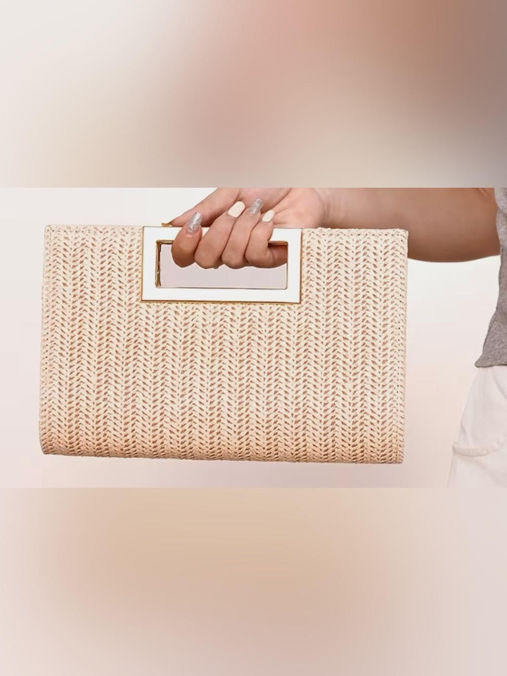 Knit Textured Handbag in Beige with Gold Accent